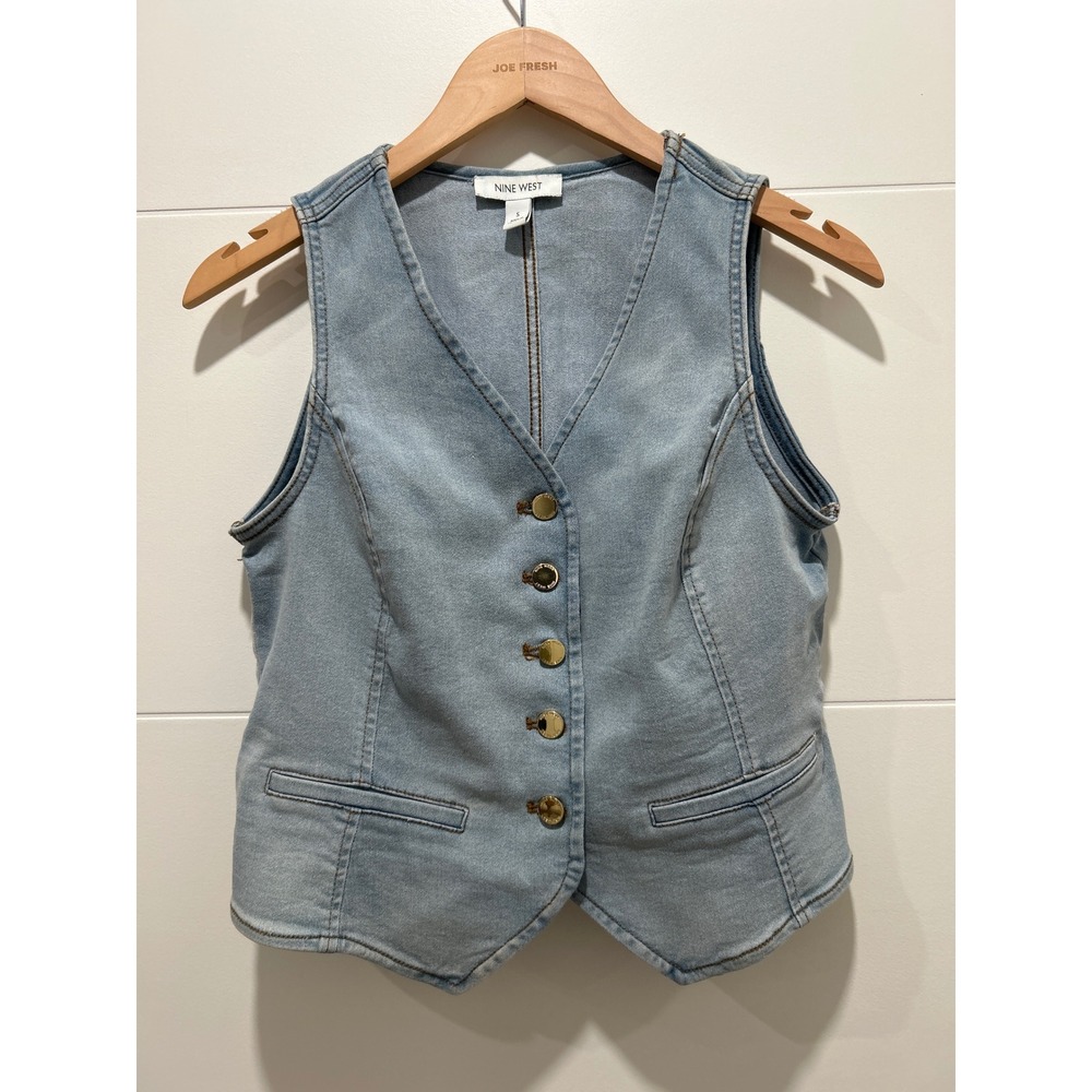 Nine West Womens Light Wash Denim Waistcoat Vest Gold Buttons Size S